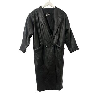 VTG WINLIT Black 100% Genuine Leather‎ Women's Trench Coat Long Size M
